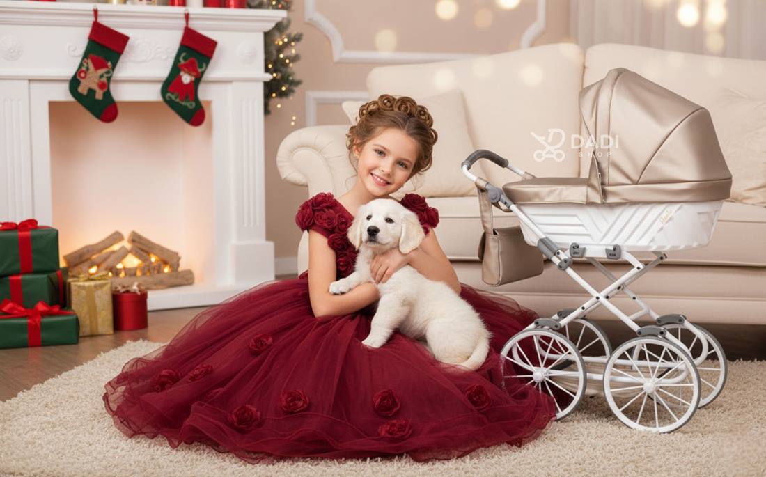 Radosna dziewczynka z pieskiem i wózkiem dla lalek Rossie Kunert – świąteczna scena w salonie z motywem Mikołaja